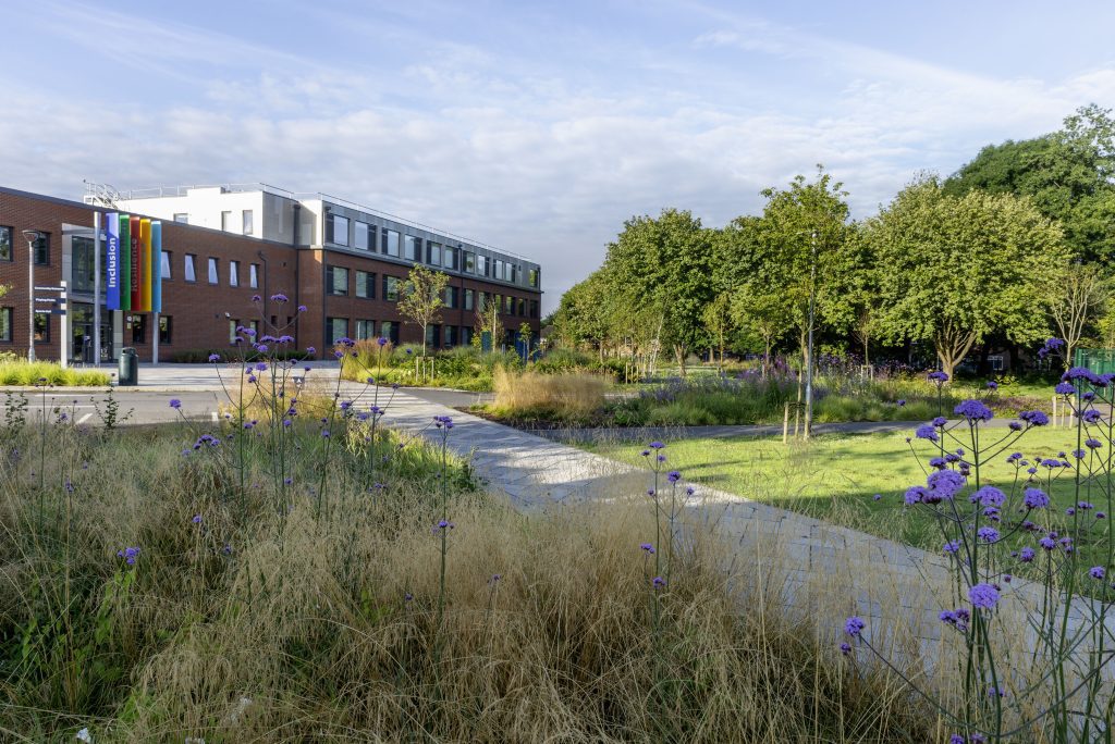 pedestrian entrance way to Merstham Park school plaza