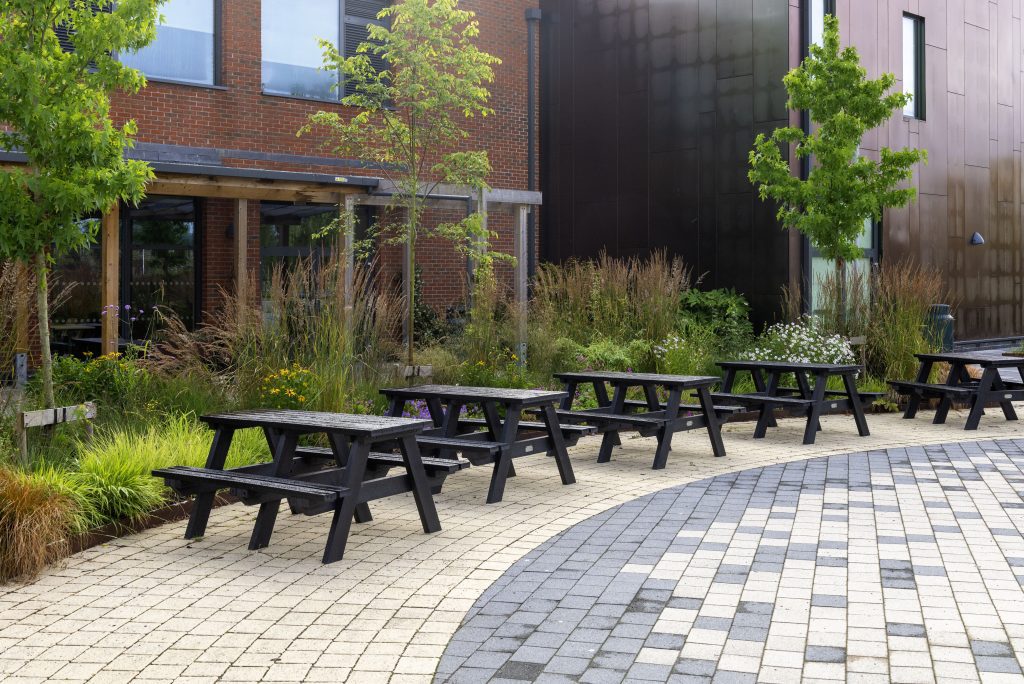 seating divided from dining space by rain garden